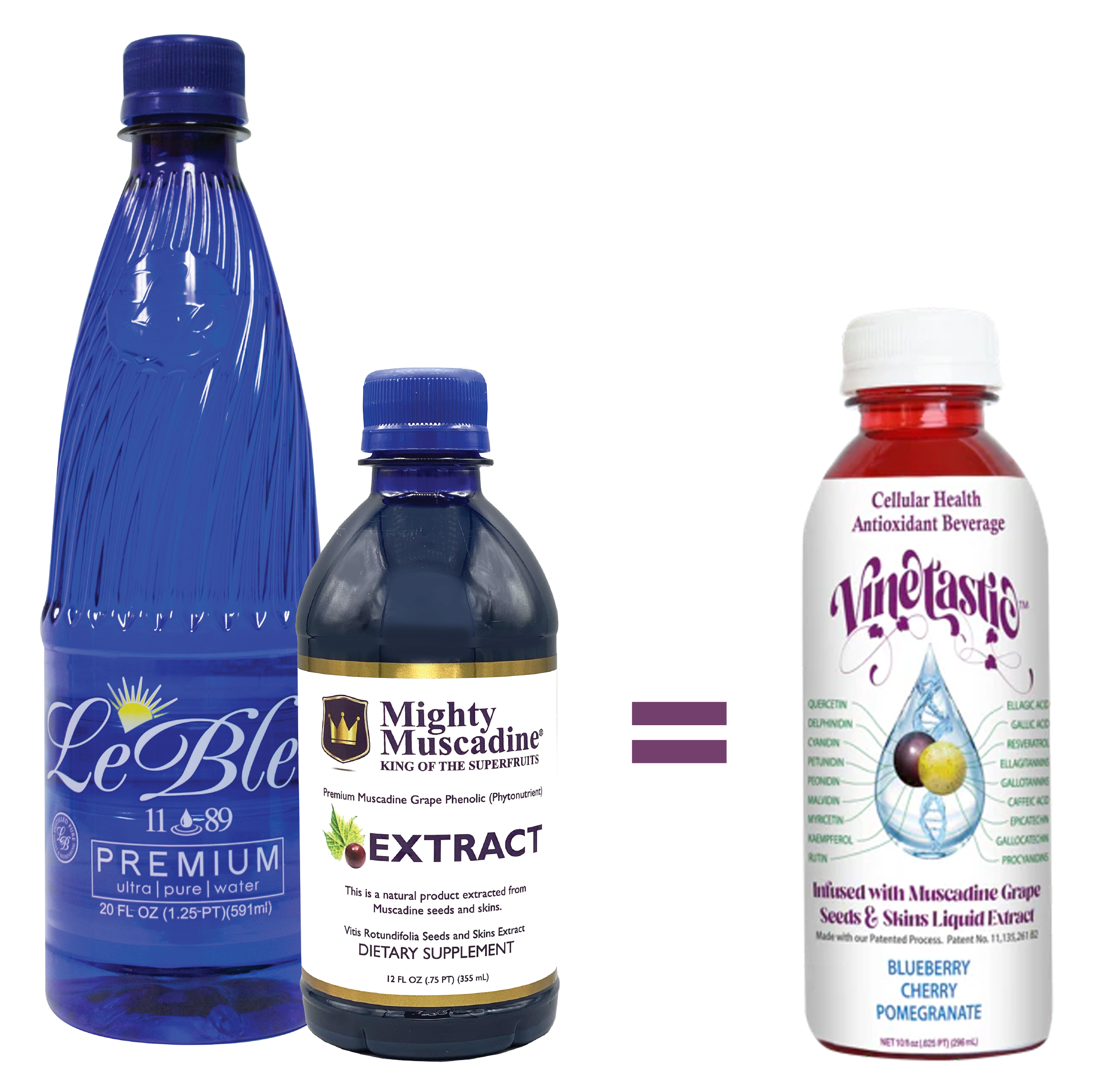 Vinetastic Antioxidant-Beverage is created from Le Bleu Vapor Compression Distilled Ultra Pure Water and infused with Mighty Muscadine Grape Seeds and Skins Liquid Extract